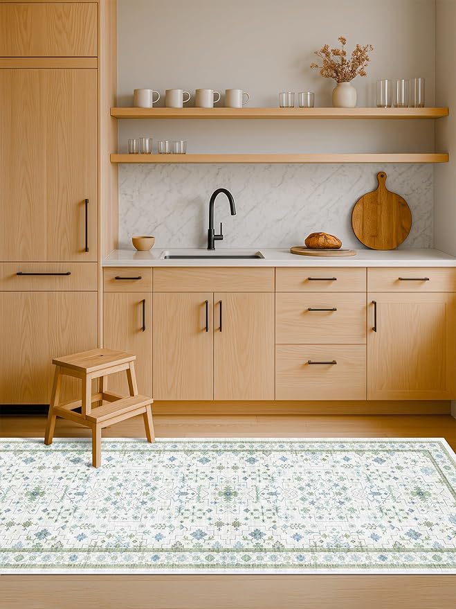 Cream Green and Blue Turkish Bathroom Runner 2x5 - Oushak Vintage Boho Floral Pastel, Washable Low Pile Non Slip Stain Resistant Small Throw Rug for Kitchen, Bedroom, Laundry