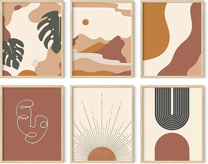 HAUS AND HUES Boho Prints Neutral Wall Art - Set of 6 Boho Art Prints Mid Century Modern Wall Art | Bohemian Artwork for Wall Aesthetic Decor (Beige Framed) (8x10)