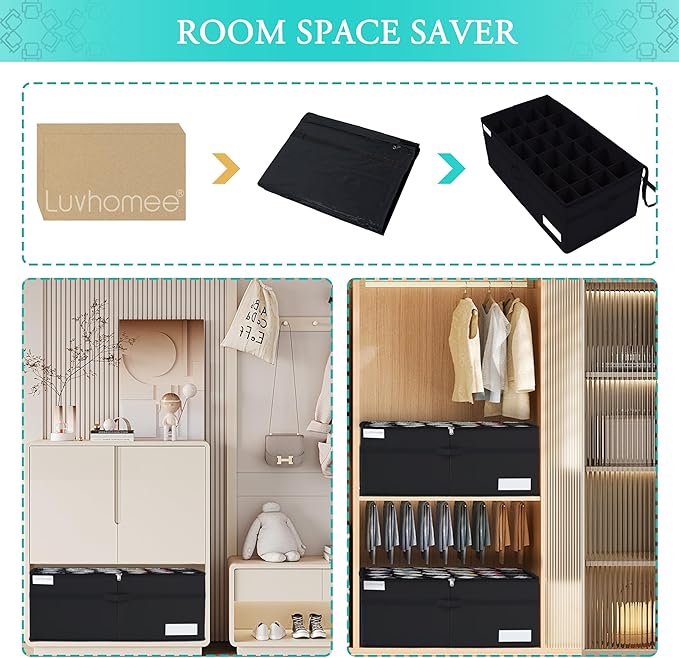 Shoe Storage Organizer, Fits 24 Pairs, Large Shoe Organizer Box for Closet, Clear Foldable Shoes Containers w/Bottom Support, Space Saving Shoe Cubby Storage Boxes w/Reinforced Handles, Black
