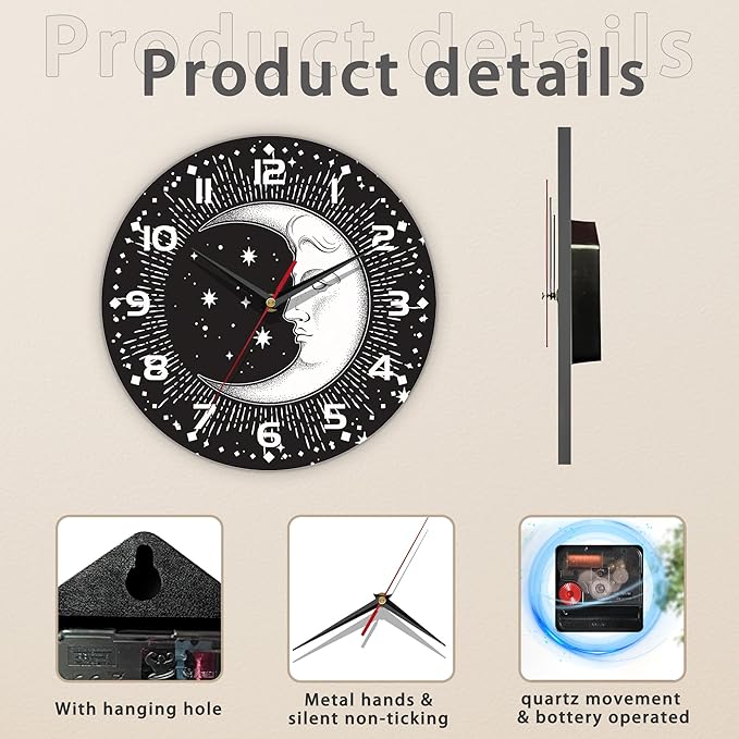 Clock for Living Room, Boho Crescent Moon and Stars Wall Clock Silent Non-Ticking Battery Operated Clock 10 Inch, Home Decor for Living Room, Kitchen, Bedroom and Office