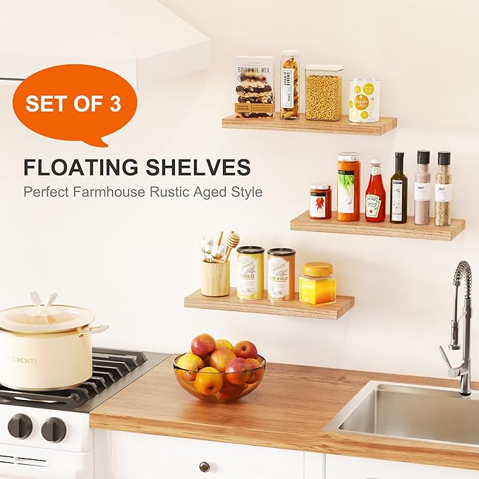 Greenual 3 Packs Floating Shelves, Nature Wood Wall Shelf, 16" Mounted for Kitchen, Living Room, Bedroom, Bathroom Storage, Book Shelf for Home Decor, Frame Display