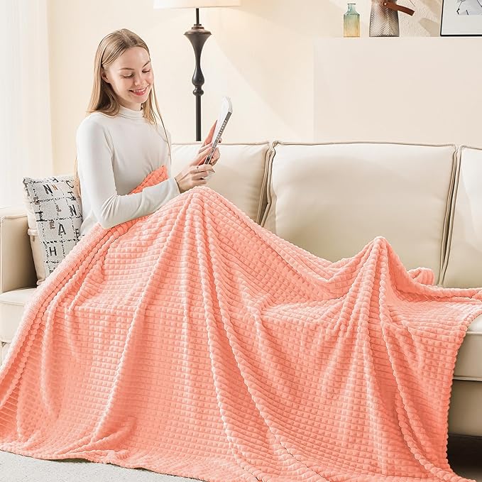 EMME Soft Fleece Pink Throw Blanket for Couch Luxury Flannel for Bed Sofa Chair, Plush, Warm and Cozy Blanket with Geometric Grid Design (Pink, 50'' x 60'')