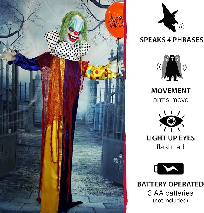 Haunted Hill Farm Life-Size Scary Talking Clown Halloween Animatronic with Motion and Touch Activated Lights and Sounds, Battery Operated Indoor or Covered Outdoor Creepy Halloween Decorations