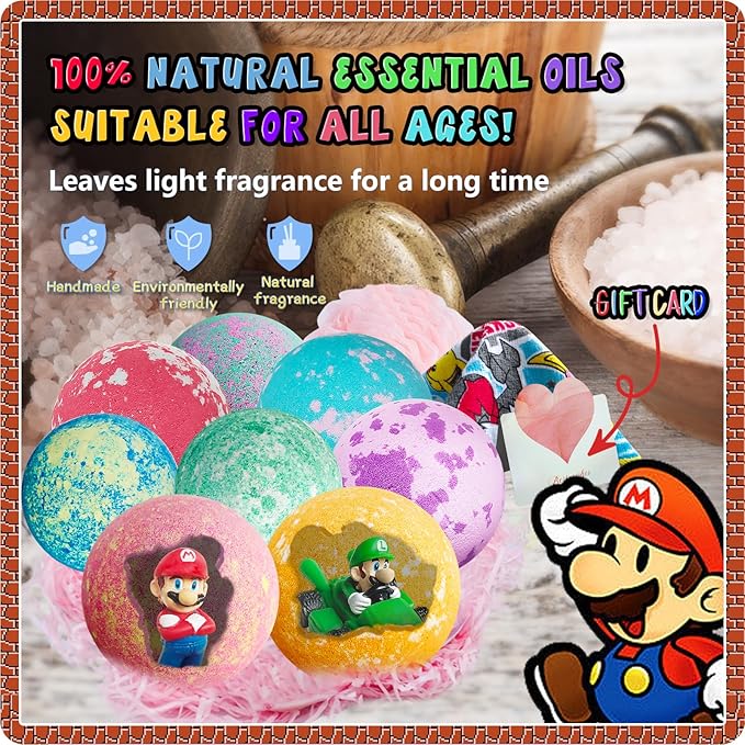 Bath Bombs for Kids: Mario Bath Bombs with Surprise Inside, Easter Bath Rich in Natural Essential Oils, Kids BathBombs Gift Set for Dry Skin Moisturize, Gifts for Toddlers (8 Pcs)