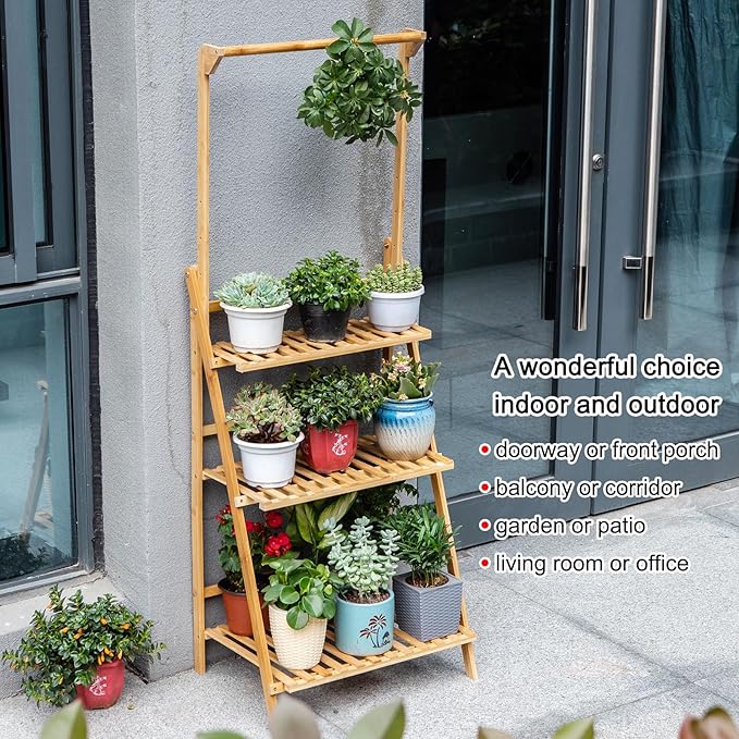 COPREE Bamboo 3-Tier Hanging Plant Stand Planter Shelves Flower Pot Organizer Rack Folding Display Shelving Plants Shelf Unit Holder