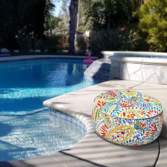 LVTXIII Indoor/Outdoor Inflatable Ottoman, All Weather Round Footrest Stool D21”x H9”, Portable for Patio Garden Camping or Home-Paisley Ummi Multi