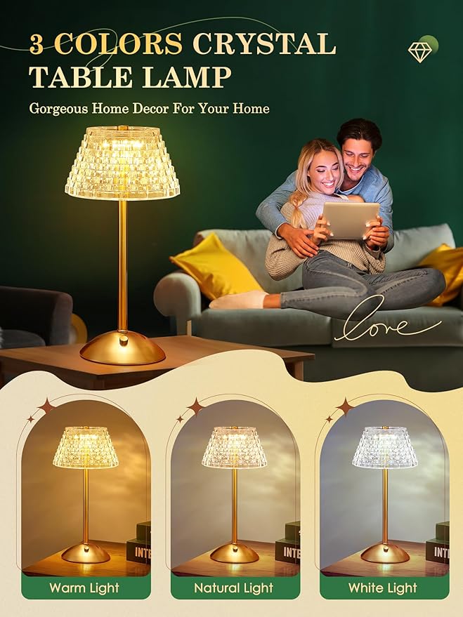 Crystal Lamp for Bedroom,500 Lm Small Lamps for Small Spaces,3 Colors Dimmable Touch Lamps for Bedrooms,Touch Lamp Small Lamp,Small Table Lamp for Living Room,Bedside Table Lamp for Bedroom,Gold Lamp
