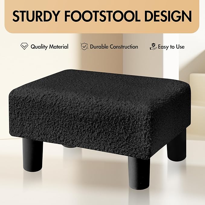 BRIAN & DANY Small Foot Stool Ottoman, Footstool with Legs, Teddy Velvet Foot Rest for Living Room, Bedroom and Office, Black