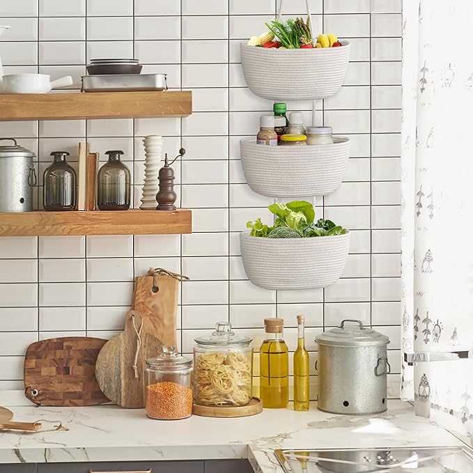 3 Tier Wall Mounted Woven Hanging Basket, Over the Door Hanging Basket with Hooks, Decorative Storage Hanging Closet Removable, Large Wall Basket for Living Room, Bedroom, Kitchen (Gray)