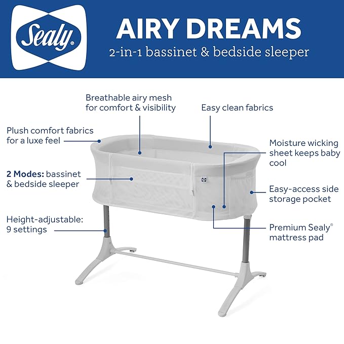 Sealy Baby Airy Dreams Breathable 2-in-1 Baby Bassinet & Bedside Sleeper, Bedside Bassinet for Baby, Height Adjustable, Stand-Alone or Bedside Sleeper, Drop-Down Panel for Easy Access