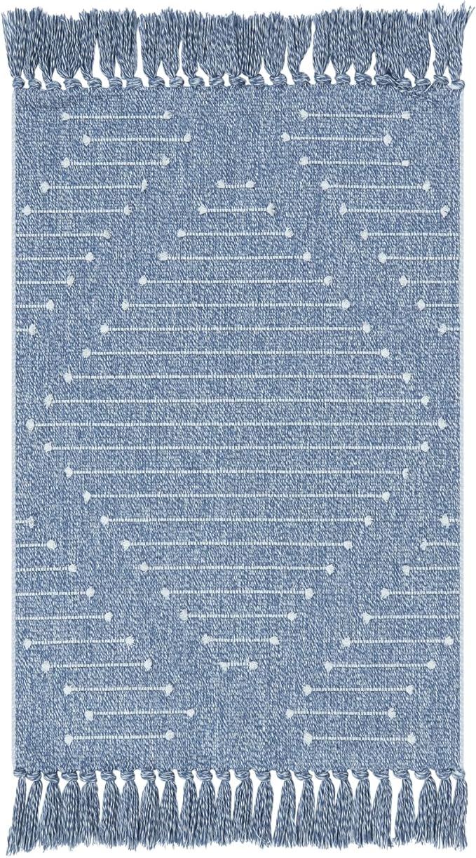LIVEBOX Boho Bathroom Rug 2' x 3' Washable Blue Rugs Small Moroccan Throw Rug for Bath,Cotton Woven Area Rug Carpet with Tassel for Entryway Kitchen Sink Front Door