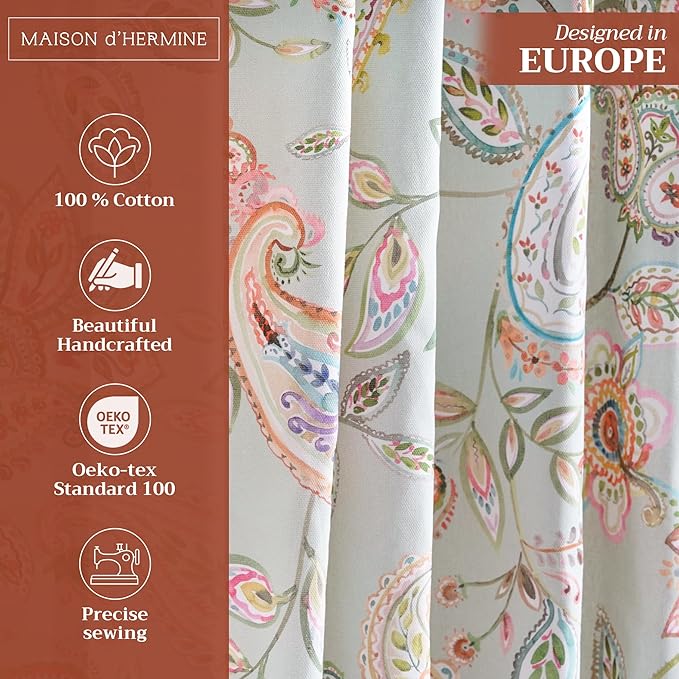 Maison d' Hermine Curtains for Living Room 100% Cotton 108 inch Length One Panel Light Filtering Curtains for Bedroom Windows with Rod and Loop Pockets Drapes (Ramage Multicolor, 50" W x 108" L)