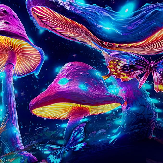 AILONEN Magic Mushroom Shower Curtain for Kids Girls,Glowing Mushrooms and Starry Night Waterproof Fabric Shower Curtain for Bathroom,Butterfly Plants Shower Curtain Set with Hooks,72" W*78" H