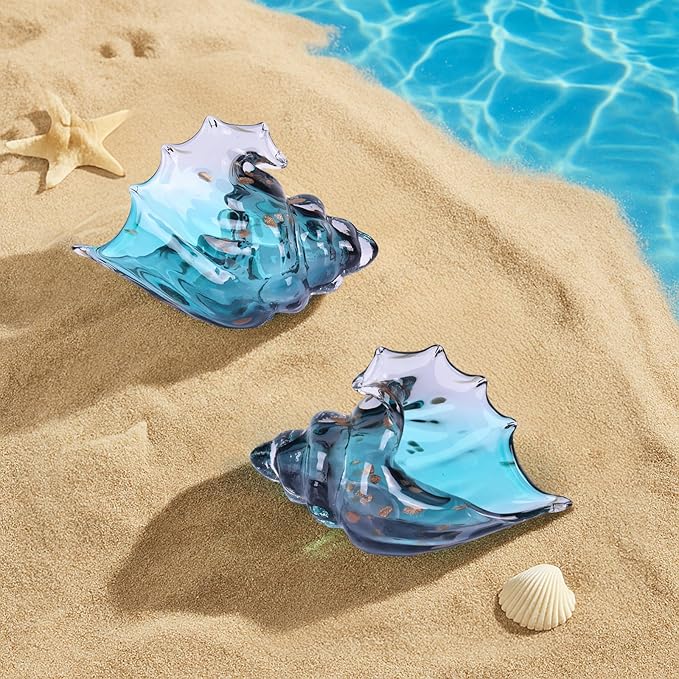 Sea Glass Art Figurines Hand Blown Conch Shell Sculpture, Green Glass Decor Creative Seashell Statue - for Coastal Room Knick Knacks, Home Kitchen Decorations Above Cabinets
