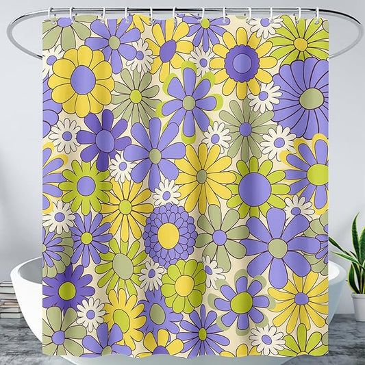 AILONEN Flower Shower Curtain for Bathroom,Polyester Fabric Waterproof,Purple Yellow Plants Flowers Bath Curtains Washable, 72" W x 72" H