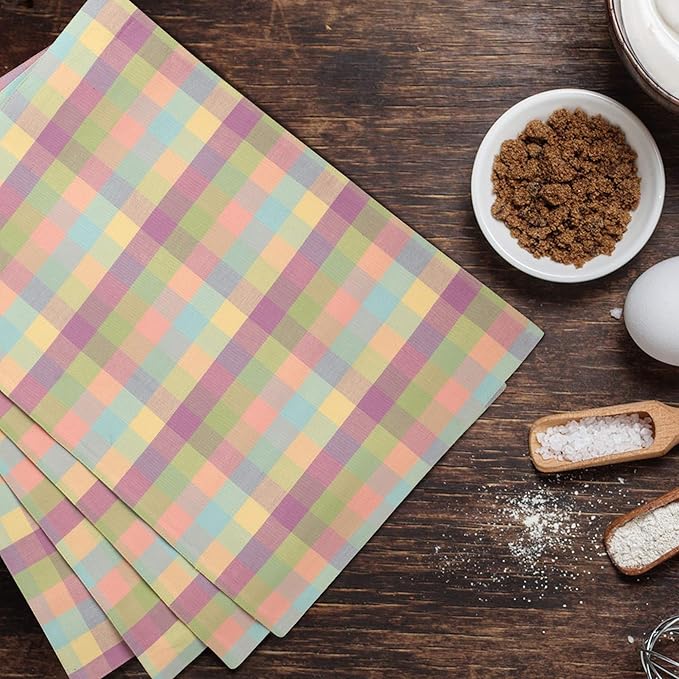 Urban Villa Easter Placemats100% Cotton Fused Table Placemats 14''x 20'' Over Sized Set of 6 Easter Colors Buffalo Check Plaid for Every Day Use Parties Celebrations Heavier Quality