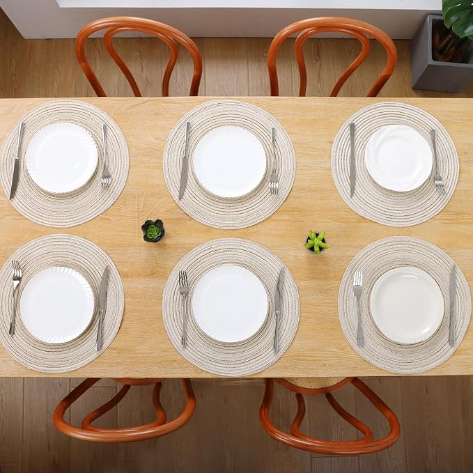 SHACOS Round Braided Placemats Set of 4 Washable Table Placemats Cotton Polyester Place Mats 15 inch Circle Table Mats for Holiday Party (Ivory, 4)