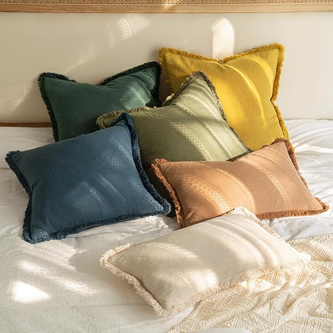 MIULEE Decorative Throw Pillow Covers Neutral Linen Fringe Throw Pillows Set of 2 Navy Blue Boho Farmhouse Cushion Covers with Tassels for Couch Sofa Bed Living Room Spring Home Decor 20x20 Inch