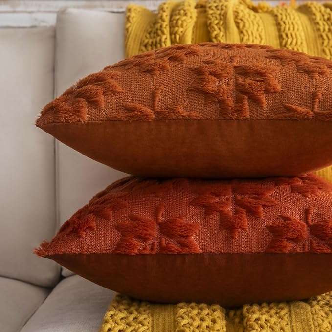 Maple Leaf Fall Throw Pillow Covers 12"x20" Set of 2, Rust Red Farmhouse Decorative Pillow Covers for Autumn Harvest Holiday Accent Pillow Cases, Faux Fur Pillow Covers for Couch Bed Room