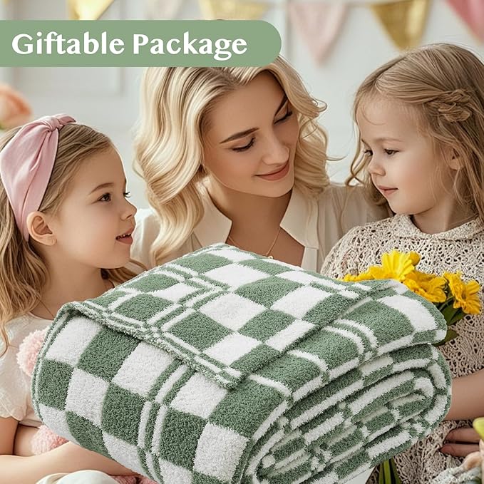 WRENSONGE Checkered Throw Blanket, Olive Green Soft Cozy Fluffy Warm Hand Made Throw Blankets for Couch, Sofa, Chair, Bed, Camping, Picnic, Travel Lightweight Bed Blanket - 50"*60"