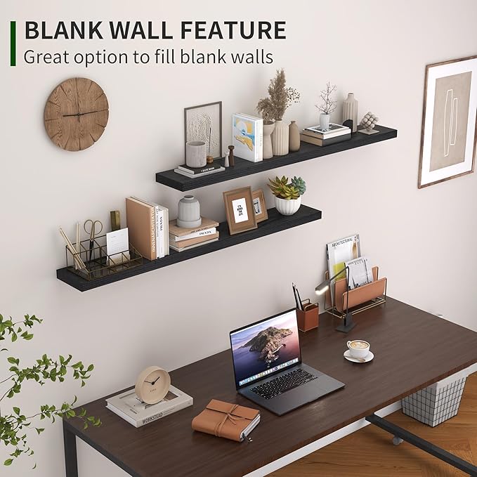 Marsmiles Wood Floating Shelves for Wall Set of 2, 48 Inch Wide Rustic Wooden Floating Shelves, Invisible Wall Mounted Display for Living Room Bedroom Kitchen Bathroom Office, White