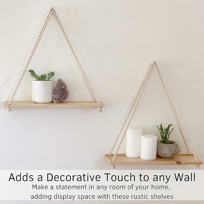 BASE ROOTS Hanging Shelves for Wall, Plants Hanging Shelf, Macrame Wall Hanging, Floating Shelves Boho Rope, Lightweight Rustic Wood, Triangle Floating Shelves Easy Hanging Shelves no Drill Set of 2