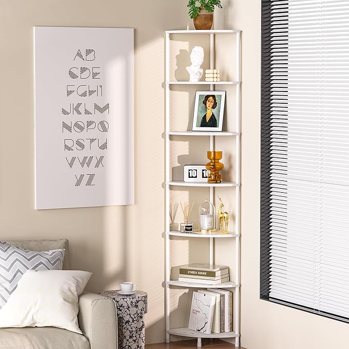 7 Tier Corner Shelf Stand Kitchen Organizer with Metal Frame for Organization & Storage Corner Shelves Kitchen Decor Accessories Marble White 64.7"