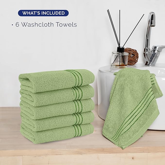Elegant Comfort Premium Turkish Cotton 6 Pack Washcloths Set - 13 x 13 inch, Luxurious Hotel Spa Quality 100% Turkish Cotton 6PC Washcloth Set - Highly Absorbent - Soft Bathroom Towels, Sage