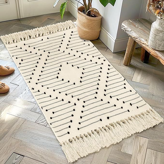 Tritard Boho Kitchen Runner Rug 2x4.3 - Woven Cotton Hallway Rugs with Tassels Washable Aztec Carpet Farmhouse Bathroom Area Rug Front Porch Bath Mat for Entryway, Laundry, Doorway, Beige Cream