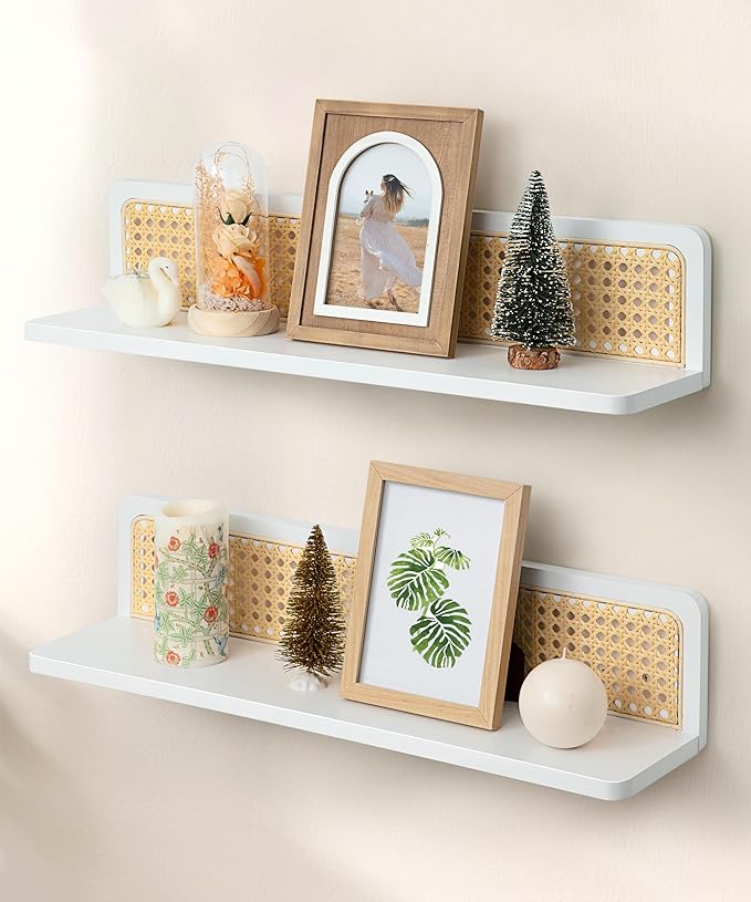 Rattan Floating Shelves, 23.6 Inch Boho Cane Webbing Wall Shelves Farmhouse Display Storage Organizer White Bookshelves Wicker Room Decor for Living Room Bedroom Entryway Hallway, Set of 2