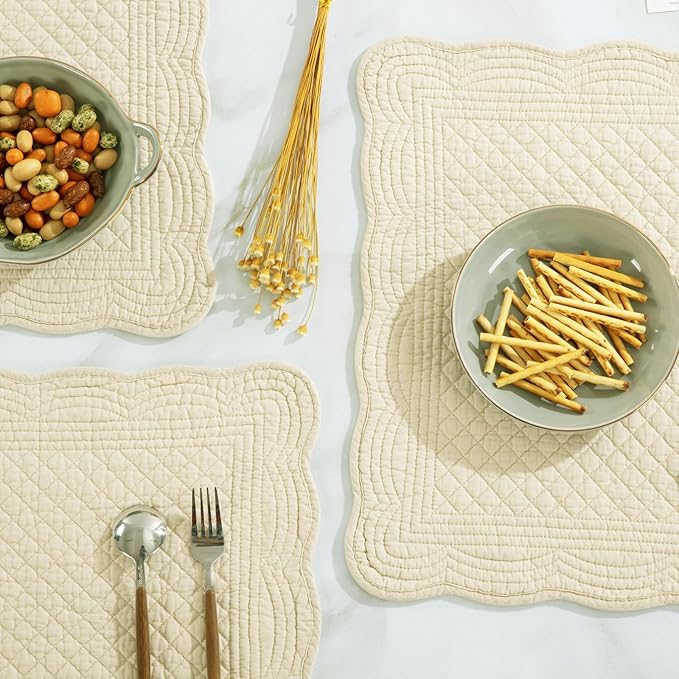 HOMBYS Quilted Placemats Set of 6 Washable-13x18 inches Rectangular Placemats for Kitchen Table-100% Cotton Fabric Rectangular Table Mats, (Flax)