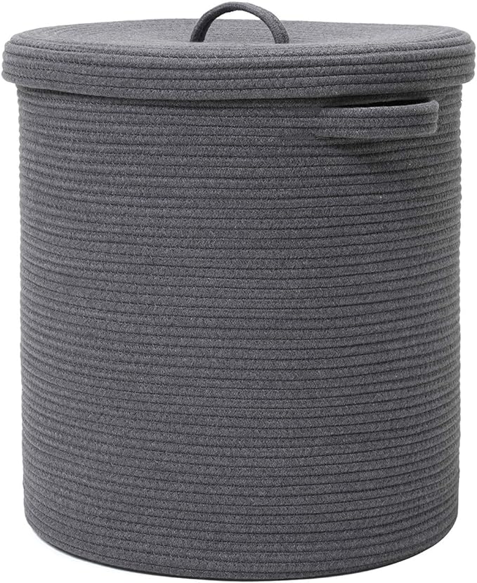 16" x 16" x 18" Extra Large Storage Basket with Lid, Cotton Rope Storage Baskets, Laundry Hamper, Cloth Bin, for Clothes Towels Blankets Pillows Storage in Living Room, All Dark Grey