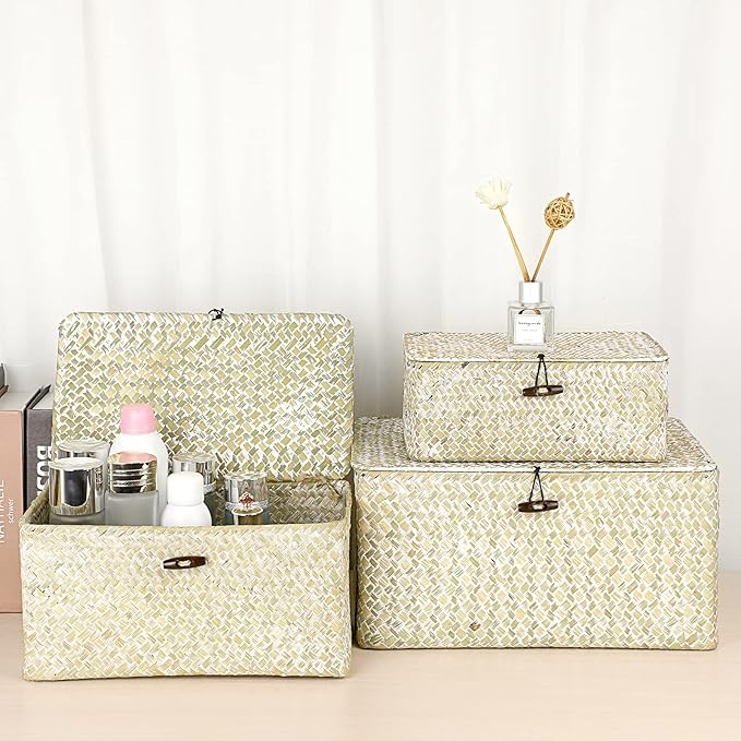 Hipiwe Wicker Shelf Baskets Bin with Lid Natural Seagrass Basket Storage Boxes Small Woven Basket Multipurpose Home Organizer Bins Box for Shelf Closet Bedroom Living Room Home Decor, Whitewash