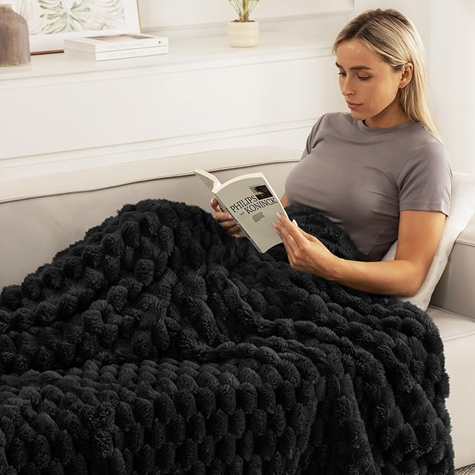 Whale Flotilla Queen Size Blanket for Bed with Jacquard Pattern, Fuzzy Soft Cozy Exquisite Blankets for All Season, Warm and Fluffy, 90x90 Inch, Black