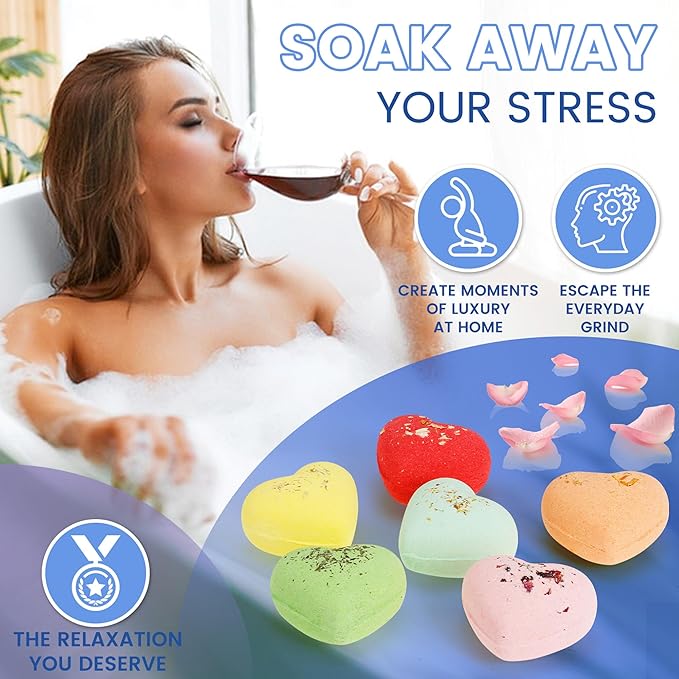 Heart-shaped Bath Bombs Gift Set Handmade Natural Bath Bomb for Women Floating Bubble with Pure Essential Oil for Self Care & SPA Relaxation, Birthday Mothers Day Valentines Christmas Gifts Girlfriend