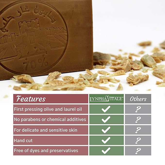 LYNPHA VITALE Aleppo Soap Bar with Olive Oil and 70% of Laurel Oil –Handmade Soap for Sensitive Skins, Original Recipe - 100% Natural and Biodegradable - 3x4,41 oz