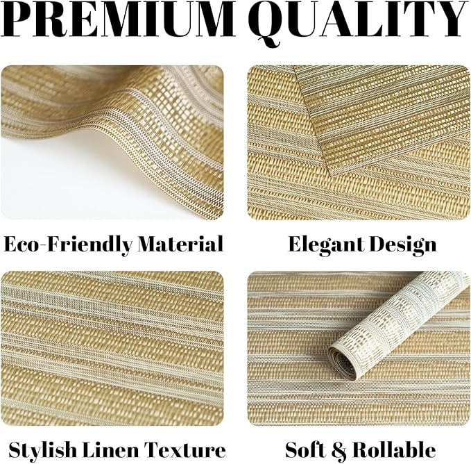 Placemats Set of 4 Vinyl/Plastic Woven Place Mats for Kitchen Table Indoor/Outdoor Washable Placemat Wipeable Dining Table Mats (Aurora Gold,4)
