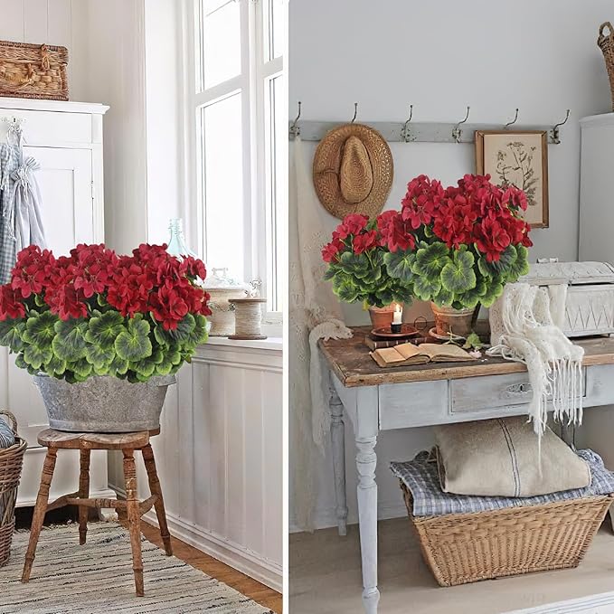 2 Pcs Artificial Geraniums for Outdoor Silk Geranium Flowers Red Artificial Geranium Bush Faux Flowers Geraniums Branch for Garden Patio Grave Cemetary Vase Table Centerpiece Indoor Decor