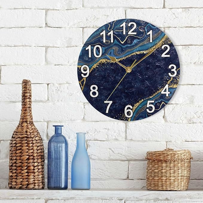 Abstract Blue Gold Marble Wall Clock Non Ticking Silent Kitchen Clock Large Battery Operated Clocks 10 inch for Living Room Bedroom Decor