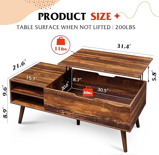 WLIVE Coffee Table, 47“ Lift Top Coffee Tables with Adjustable Storage Shelf and Hidden Compartment, Lift Tabletop Dining Table for Living Room, Rustic Oak