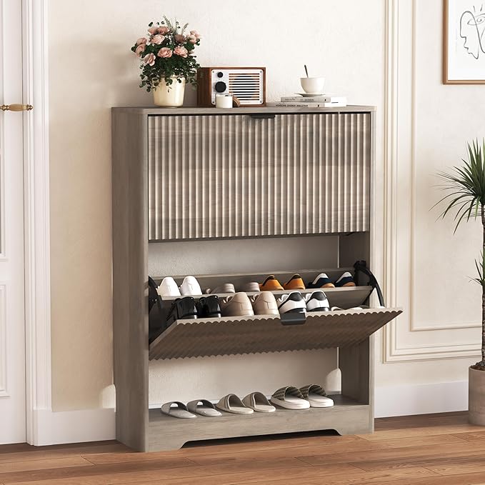 Shoe Cabinet Storage for Entryway with 2 Flip Drawers, Grey Fluted Shoe Cabinet with Open Storage, Wooden Hidden Shoe Rack Freestanding Narrow Slim Shoes Organizer for Hallway, Entrance