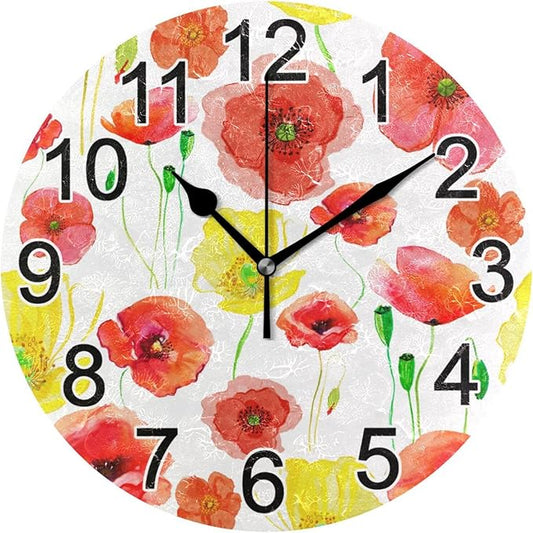 Yellow Red Poppy Flowers Wall Clock Non Ticking Silent Kitchen Clock Large Battery Operated Clocks 10 inch for Living Room Bedroom Decor