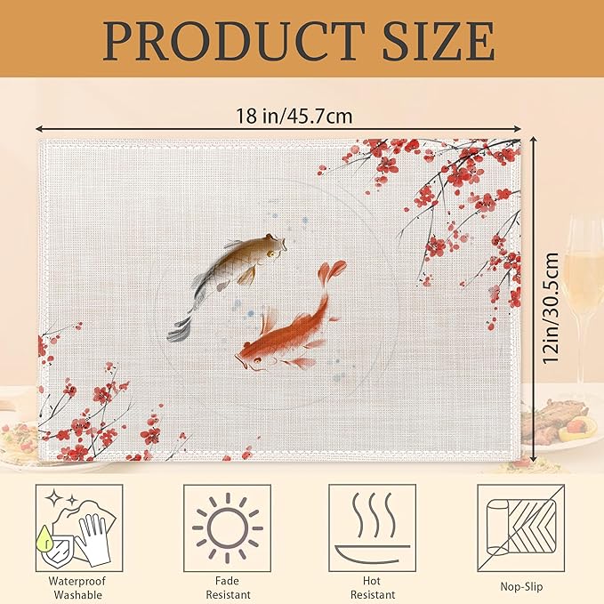 Japanese Cherry Blossom and Fish Placemats Set of 6 Place Mats for Kitchen Table Washable Farmhouse Linen Table Mats Dining Decoration 12x18 Inch