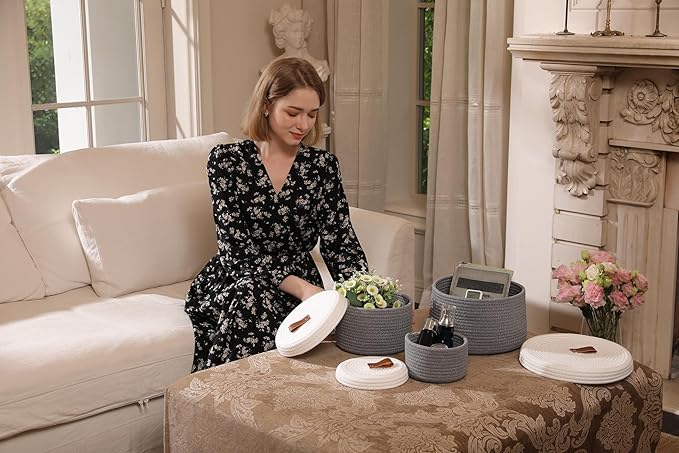 Cottonphant Set of 3 Stylish Round Woven Baskets with Lids - Elegant Storage Solution for Home Decor and Organization - Compact Shelf Baskets (Grey/White Lid, 10"x6"-8"x5"-6"x4")