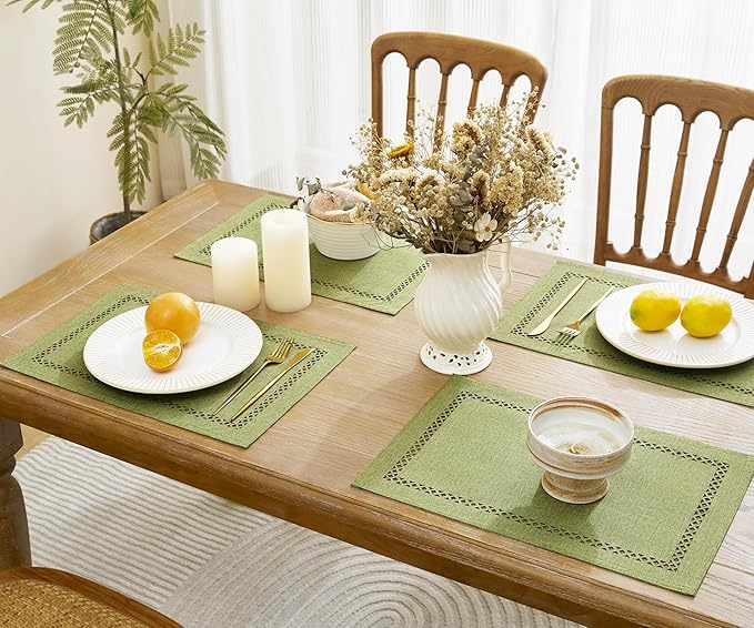 Burlap Placemats Set of 6, 12 x 18 Inch Rustic Geometric Hollow Place Mats, Heat Resistant Placemats for Farmhouse Kitchen Table Decor, Sage Green 6PCS