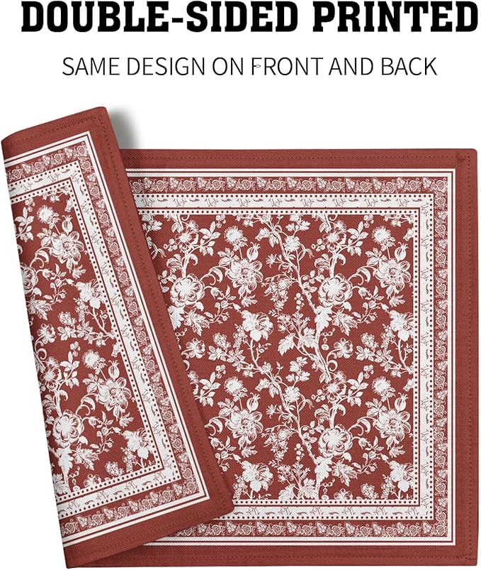 Red Placemats Set of 4,Vintage Chinoiserie Flower Branches Place Mats Heat Resistant Dining Table Mats 12 x 18 Inch Non-Slip Washable Desk Mats for Party Kitchen Dining Decoration