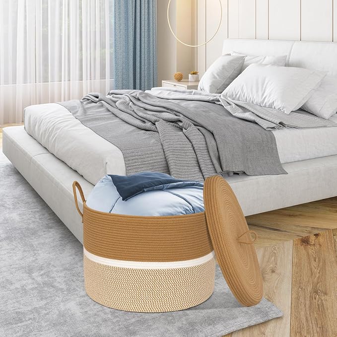 Laundry Basket with Lid, Woven Cotton Rope Laundry Hamper Foldable Storage Organizer Bin Blanket Basket for Comforter, Cushions, Clothes, Pillows, 20.5x20.5x15 Inch, Camel/White