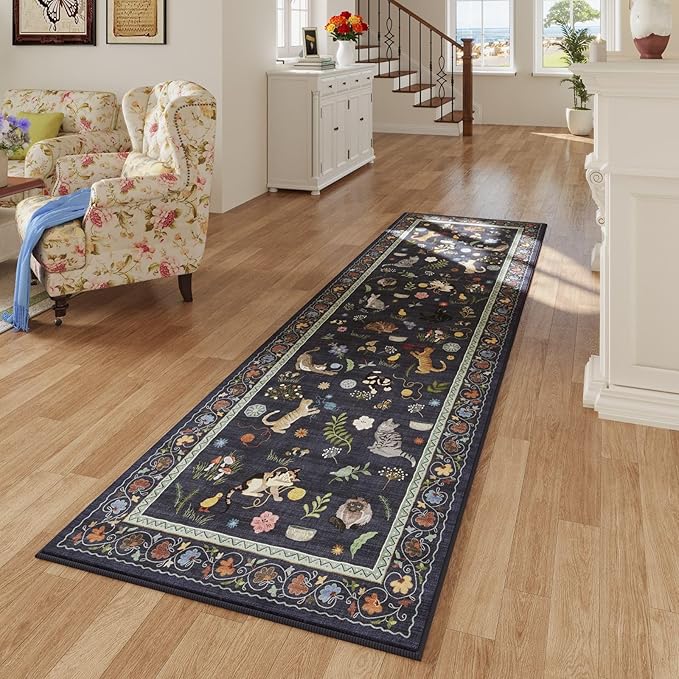 Runner Rug for Kitchen Non Slip 2'6''x8' Washable Rugs with Rubber Backing Soft Floral Animal Cat Carpet Runner for Kitchen Laundry Bedroom Bathroom, Cobalt Blue