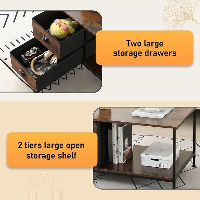 SENIG Coffee Table with Drawers, Coffee Table for Living Room, 2-Tier Coffee Tables with Storage Drawers,Brown Coffee Tables for Small Spaces, Rectangle Wood Ttable, Metal Side End Table