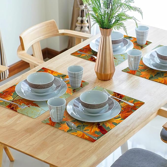 Giwawa Fall Birds Placemats Set of 4, 12"x18" Autumn Trees Maple Leaves Chestnuts Table Mats, Thanksgiving Harvest Heat Resistant Washable Linen Place Mat for Kitchen Dining Holiday Party Decor
